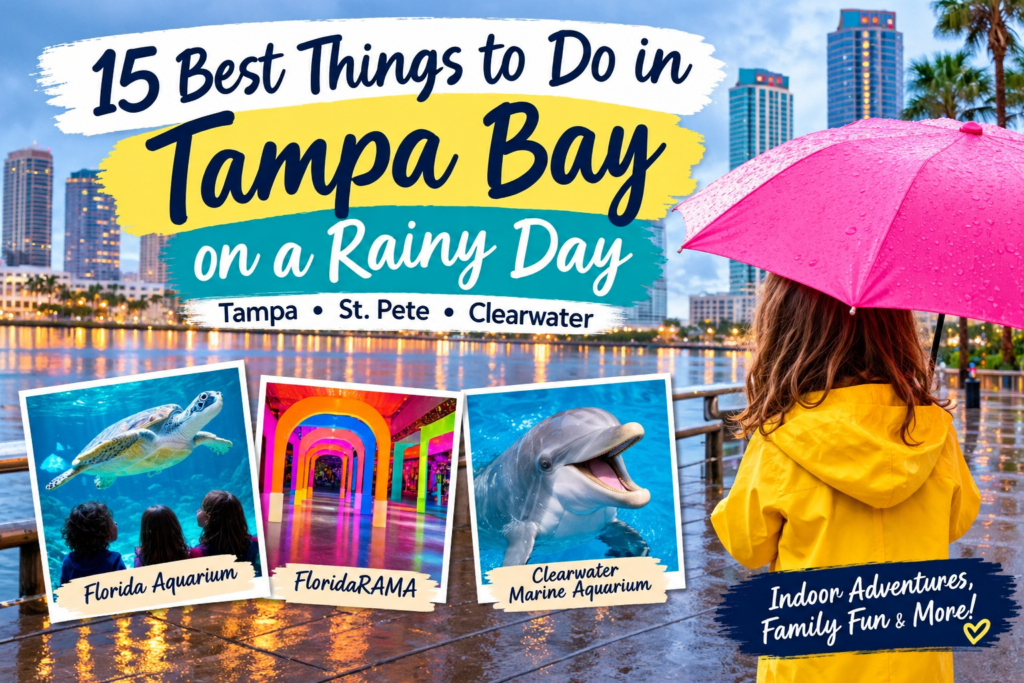 Graphic titled 15 Best Things to Do in Tampa Bay on a Rainy Day showing a child with a pink umbrella and photos of an aquarium, FloridaRAMA, and a dolphin